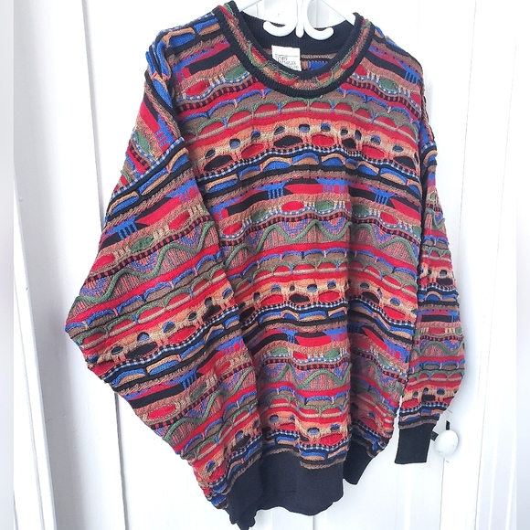 3D Textured Coogi Style Multicolour Wool Sweater Vintage 90s Medium - Picture 1 of 4